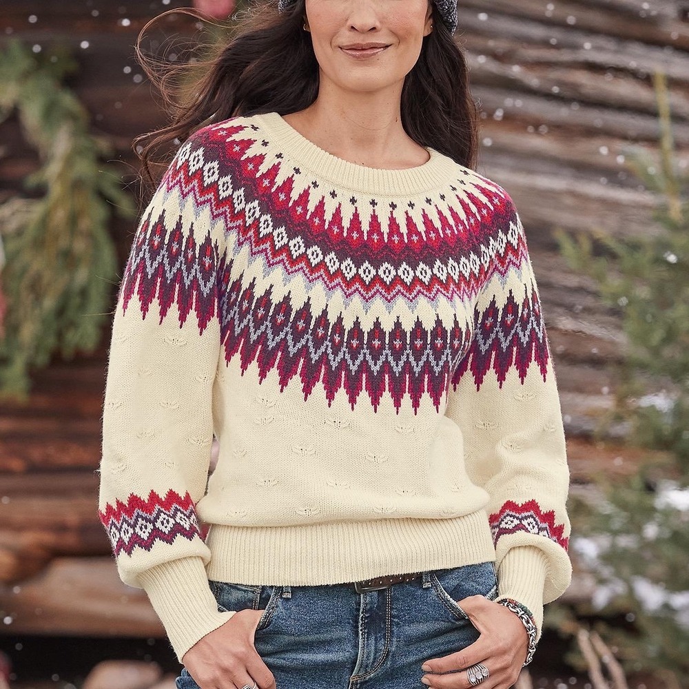 Sundance Eloise Fair Isle Sweater Wool Blend Cream Burgundy Cozy XS‎